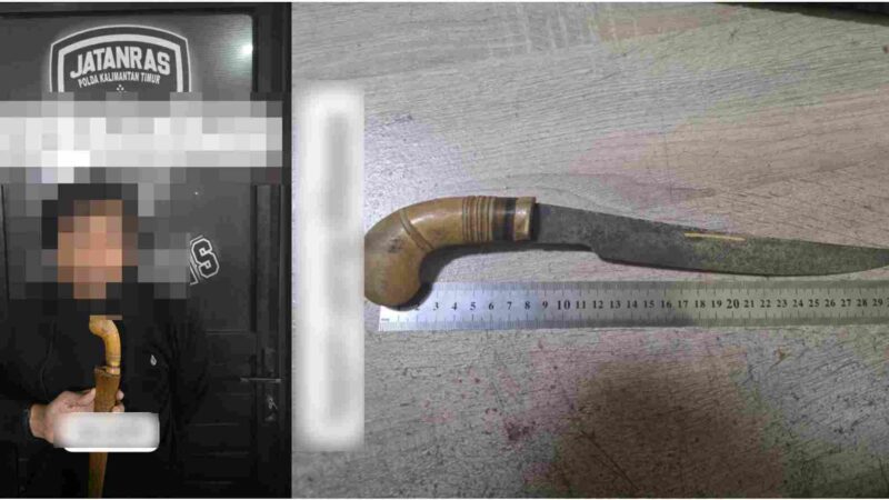 berinisial 'R' (43) saat ditangkap atas tindak pidana pengancaman dan kepemilikan senjata tajam dalam Operasi Kepolisian Kewilayahan TA.2025 pada Rabu dini hari (07/05/25), sekitar pukul 02.00 WITA, di kawasan SPBU Karang Anyar, Jalan Letjen Soeprapto, Kecamatan Balikpapan Tengah, Kalimantan Timur.