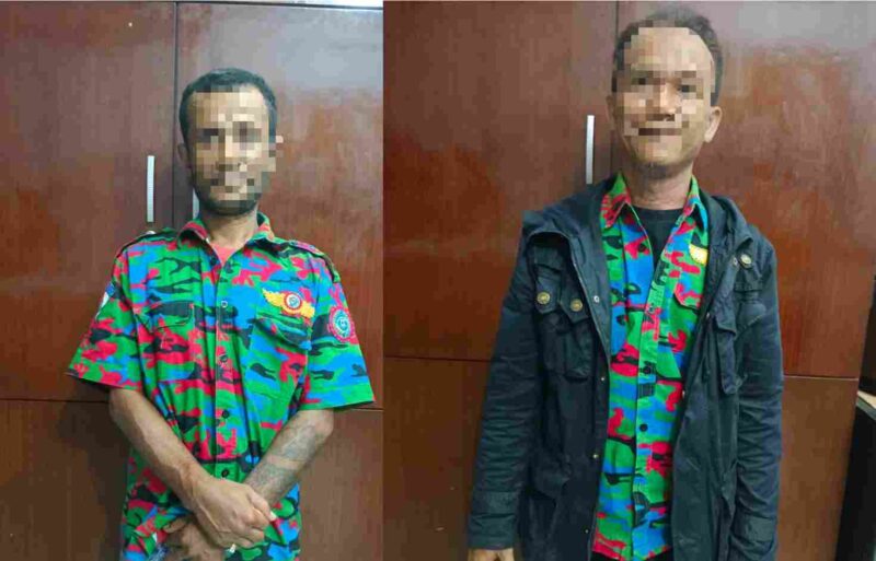 Dua pria berseragam ormas diamankan saat hendak melakukan pungutan liar (pungli) di sebuah toko bangunan di Jalan Mandala Bypass, Bantan Timur, Kecamatan Medan Tembung, Kota Medan, pada Sabtu (17/5/2025).
