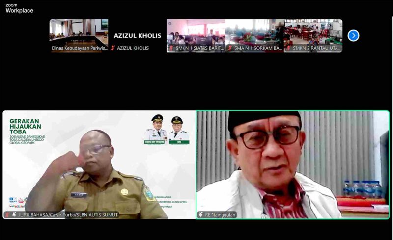 Bobby Nasution dalam kegiatan Sosialisasi dan Edukasi Toba Kaldera UNESCO Global Geopark yang digelar Dinas Kebudayaan Pariwisata dan Ekonomi Kreatif Sumut melalui platform Zoom Meeting. Selasa, (03/06/1025).