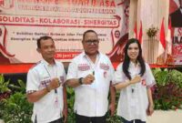 Ketua DPD Endang Subandi (Kiri), Ketua Umum Terpilih Frans Ansanay (Tengah), DIni Hasanah (kanan) saat Hut Bara JP ke 12 dan KLB. Kamis, (19/06)  