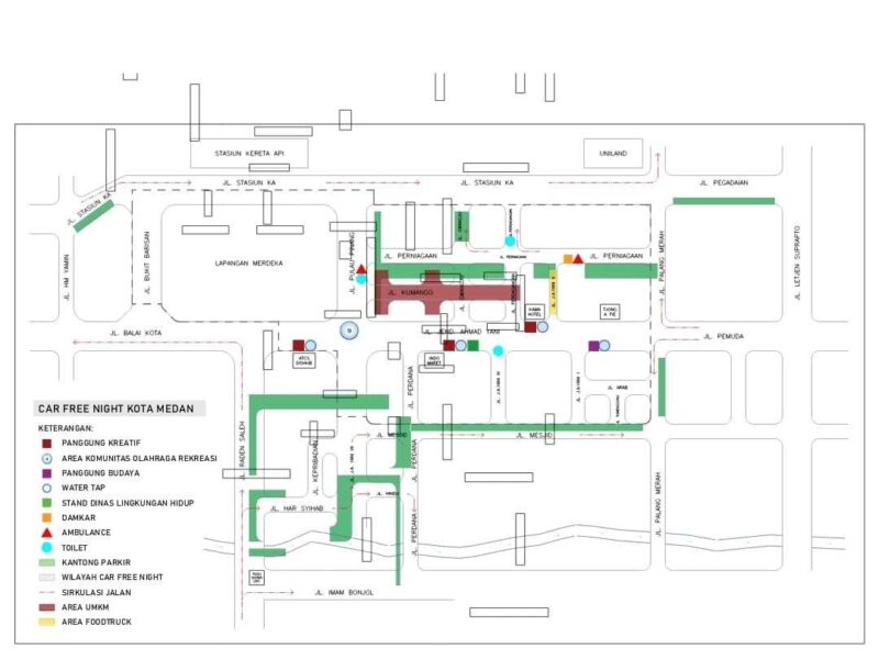  Car Free Night yang akan digelar pada 28 Juni 2025, Pemko Medan melalui Dinas Perhubungan (Dishub) melakukan manajemen rekayasa lalu lintas di jalanan kota Medan. Selain penutupan sejumlah ruas jalan, Dishub Kota Medan juga melakukan pengalihan arus lalu lintas. Jumat, 27 Juni 2025.