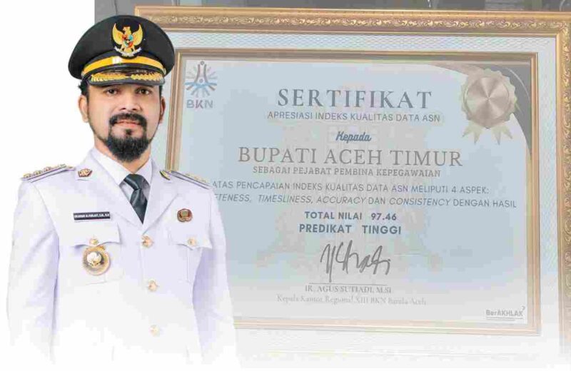 Bupati Aceh Timur, Iskandar Usman Al-Farlaky, S.H.I, M.S.I menerima sertifikat apresiasi Indeks Kualitas Data Aparatur Sipil Negara (ASN) dari Badan Kepegawaian Negara (BKN).