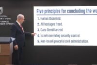Perdana Menteri Israel, Benjamin Netanyahu, memaparkan lima prinsip utama untuk mengakhiri perang di Gaza. Dalam konferensi pers bersama media asing di Kantor Perdana Menteri, Minggu (10/8),