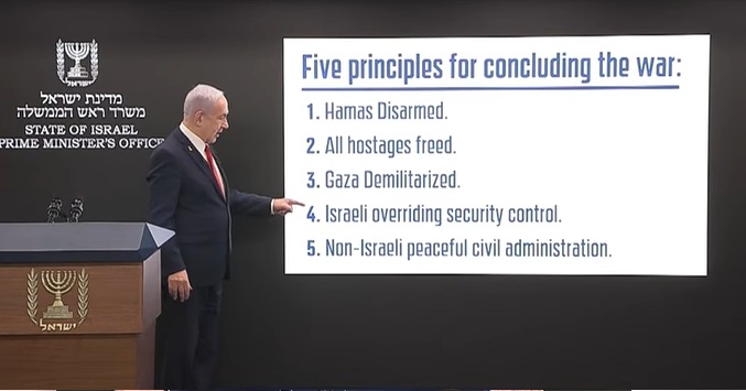 Perdana Menteri Israel, Benjamin Netanyahu, memaparkan lima prinsip utama untuk mengakhiri perang di Gaza. Dalam konferensi pers bersama media asing di Kantor Perdana Menteri, Minggu (10/8),