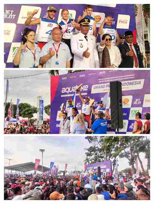 moment puncak Kegiatan Aquabike Endurance Champion Grandprix Lake Toba 2025 yang dilaksanakan oleh Injourney Tourism Development Corporation (ITC) mempertandingkan Empat kelas Jetski atau Olahraga Air Internasional di perairan Danau Toba, Balige Kabupaten Toba, 17/08/2025.