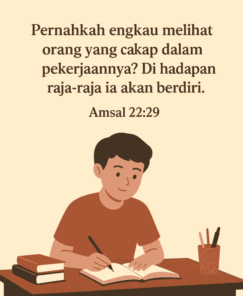 Foto Ilustrasi Anaka yang rajin dengan lampiran ayat Alkitab.