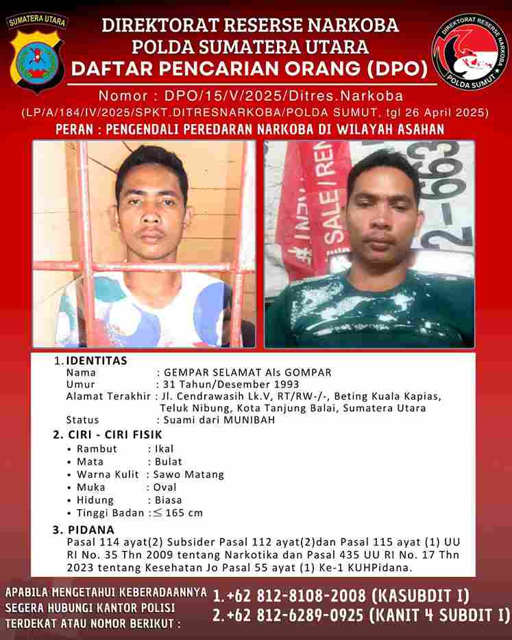 Direktorat Reserse Narkoba (Ditresnarkoba) Polda Sumatera Utara menetapkan Gempar Selamat alias Gompar sebagai tersangka dalam kasus tindak pidana narkotika dan sediaan farmasi ilegal, setelah terungkap peranannya dalam peredaran barang haram dalam jumlah besar.
