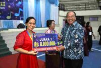 Bupati Asahan saat menyerahkan hadiah uang tunai kepada peserta yang meraih Juara I. 