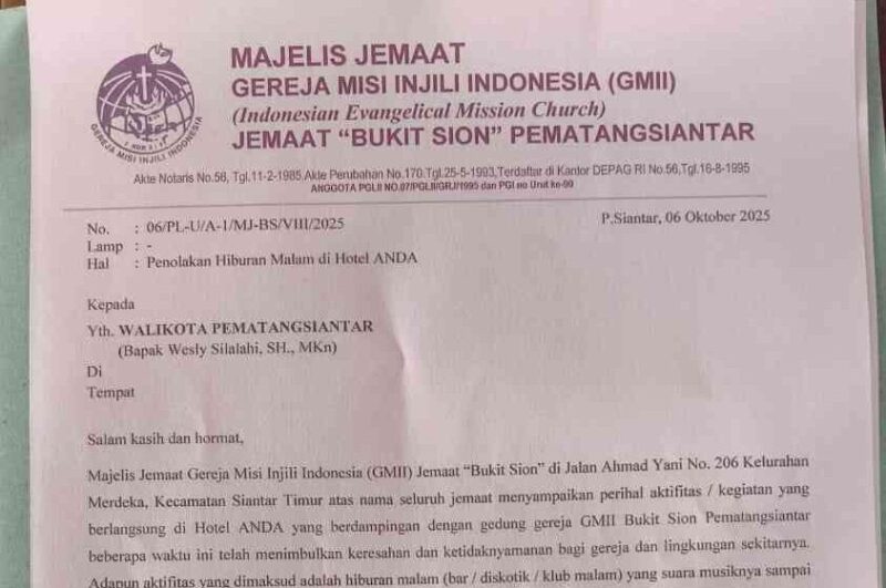 Surat Majelis GMII Bukit Sion ke Wali Kota Pematangsiantar.
