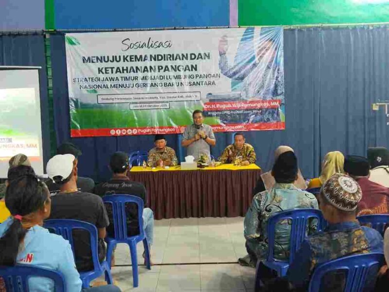 Sosialisasi Strategi Jawa Timur Menjadi Lumbung Pangan Nasional Menuju Gerbang Baru Nusantara. Kegiatan ini berlangsung di Gedung Pertemuan Desa Wonokerto, Kecamatan Bantur, pada Jumat, 24 Oktober 2025.