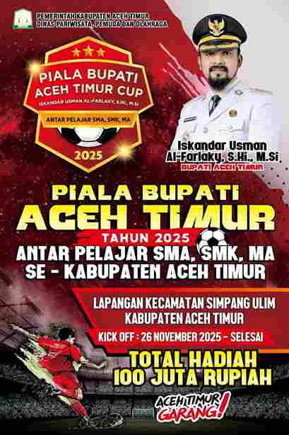 Sebanyak 16 tim pelajar tingkat SMA sederajat di Kabupaten Aceh Timur siap berlaga pada Piala Bupati Aceh Timur 2025 yang berlangsung di Lapangan Kecamatan Simpang Ulim mulai 26 November 2025.