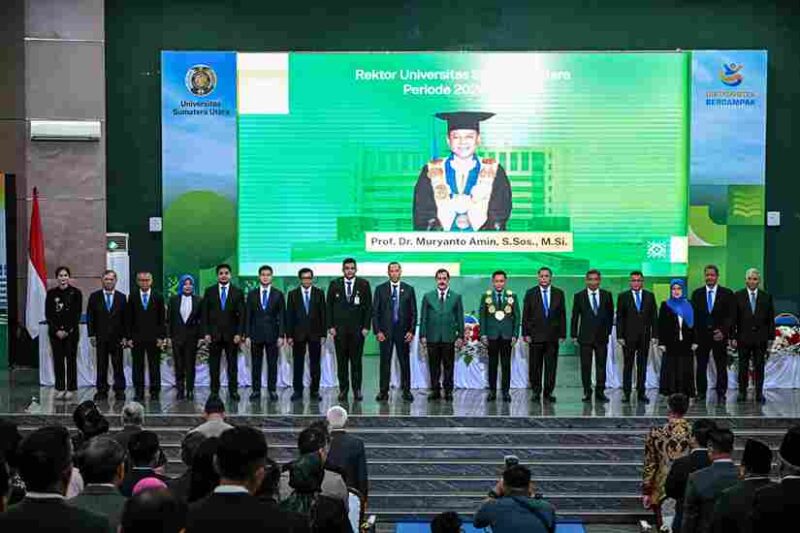 Gubernur Sumatera Utara (Sumut) Muhammad Bobby Afif Nasution bersama Ketua Majelis Wali Amanat (MWA) USU Agus Andrianto, Wakil Menteri Pendidikan Tinggi, Sains, dan Teknologi (Wamen Dikti) Republik Indonesia Fauzan, beserta jajaran Forkopimda Sumut, mengahadiri pelantikan Rektor Universitas Sumatera Utara periode 2026-2031 di Gedung Auditorium Kampus USU, Jalan Dr Mansyur Medan, Rabu (28/1/26).