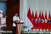 Menko Polkam Jenderal TNI (Purn.) Djamari Chaniago saat memberikan keynote speech pada BSSN Executive Town Hall 2026 di Depok, Jawa Barat, Senin (19/1/2026).