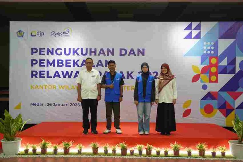 Kegiatan Pengukuhan dan Pembekalan Relawan Pajak yang digelar di Aula Lantai 8 Gedung Kanwil DJP Sumatera Utara I, Senin, 26 Januari 2026.