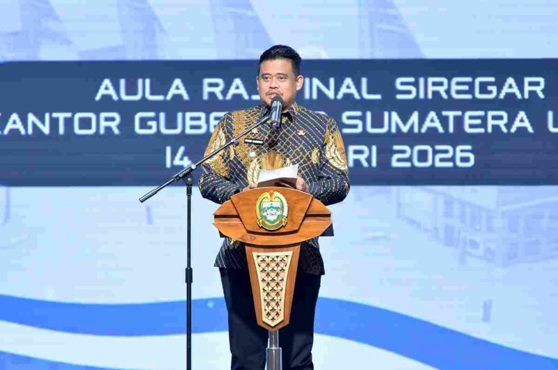 Gubernur Sumatera Utara (Sumut) Bobby Nasution menghadiri dan memberi sambutan pada Pengukuhan Pengurus DPD dan DPC Asosiasi Badan Permusyawaratan Desa Nasional (ABPEDNAS) Sumut serta Sosialisasi Penguatan Kesadaran Hukum dan Pencegahan Penyimpangan Pengelolaan Dana Desa di Aula Raja Inal Siregar Kantor Gubernur Sumut Jalan Diponegoro Kota Medan, Sabtu (14/02/2026).