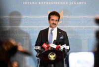 Duta Besar Republik Islam Pakistan untuk Indonesia, Zahid Hafeez Chaudhri memberikan keterangan pers kepada awak media di kompleks Istana Kepresidenan Jakarta, pada Kamis, 12 Februari 2026. 