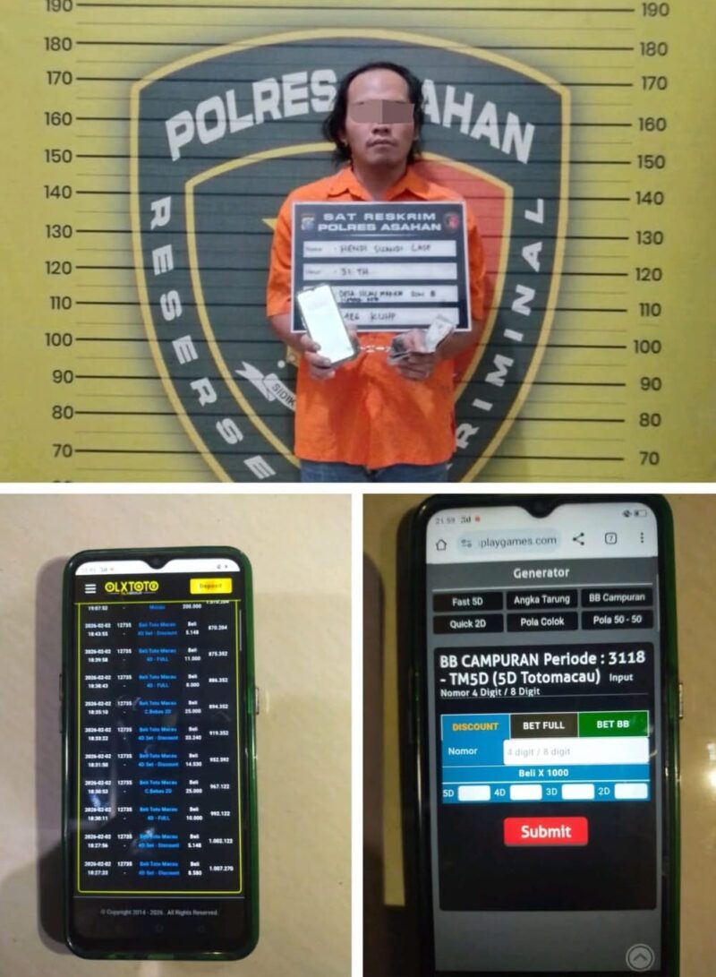 Seorang pria berinisial HSL (31), warga Desa Silau Maraja, Kecamatan Setia Janji, ditangkap aparat kepolisian saat diduga aktif menjalankan peran sebagai agen judi Togel Macau.