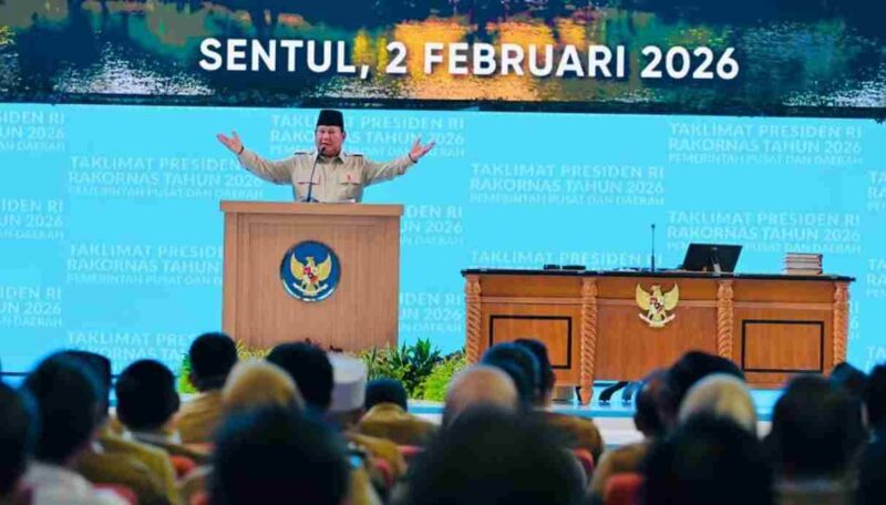 Presiden Prabowo Subianto menyampaikan taklimatnya pada Rapat Koordinasi Nasional (Rakornas) Pemerintah Pusat dan Daerah Tahun 2026 di Sentul International Convention Center (SICC), Kabupaten Bogor, Provinsi Jawa Barat, pada Senin, 2 Februari 2026. Foto: BPMI Setpres