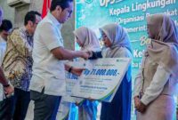 Wali Kota menyerahkan secara simbolis beasiswa pendidikan dan klaim santunan kepada ahli waris peserta.