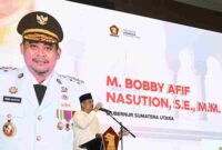 Gubernur Sumatera Utara (Sumut) Bobby Nasution menghadiri buka puasa bersama Partai Gerindra Sumut dI Convention Hotel Santika Dyandra Jalan Kapten Maulana Lubis, Medan, Sabtu (7/3/2026).