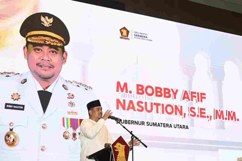 Gubernur Sumatera Utara (Sumut) Bobby Nasution menghadiri buka puasa bersama Partai Gerindra Sumut dI Convention Hotel Santika Dyandra Jalan Kapten Maulana Lubis, Medan, Sabtu (7/3/2026).