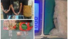 4 pria terkait dugaan sabu di Barumun Tengah (Kiri atas), Berat sabu saat ditimbang (kanan), Barang bukti (Kiri bawah). Foto : Ist.