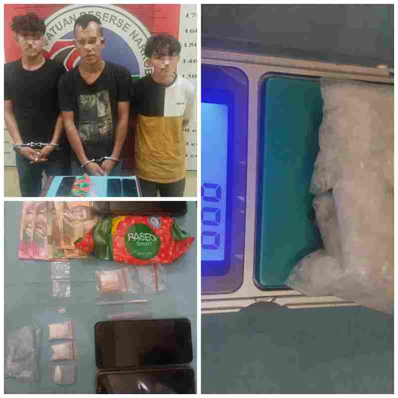 4 pria terkait dugaan sabu di Barumun Tengah (Kiri atas), Berat sabu saat ditimbang (kanan), Barang bukti (Kiri bawah). Foto : Ist.