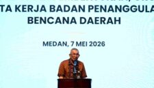 Penjabat Sekretaris Daerah Provinsi (Sekdaprov) Sumatera Utara (Sumut) Sulaiman Harahap didampingi  Kepala BPBD Sumut Tuahta Ramajaya Saragih menghadiri Sosialisasi dan Focus Group Discussion (FGD) terkait Permendagri Nomor 18 Tahun 2025 tentang Pedoman Pembentukan, Organisasi, dan Tata Kerja BPBD, di Ballroom Hotel Four Points by Sheraton Medan, Kamis (7/5/2026).
