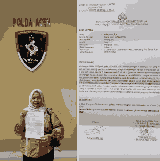 Seorang pengacara dan aktivis asal Aceh, Yulindawati, melaporkan tiga akun media sosial ke Subdirektorat V Tindak Pidana Siber Direktorat Reserse Kriminal Khusus (Ditreskrimsus) Polda Aceh.