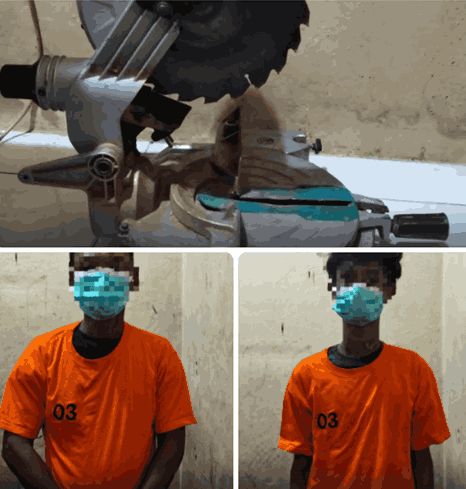 dua orang terduga pelaku berinisial FAQ (20) dan TS (51) (bawah), satu unit mesin pemotong aluminium merek Modern (atas).