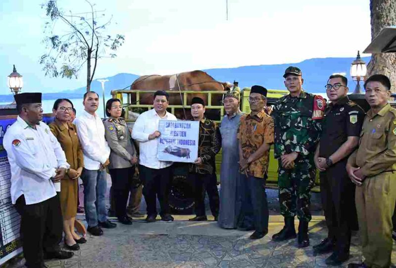 Bupati Samosir Vandiko T. Gultom menyerahkan hewan qurban bantuan Presiden Prabowo dan Pemkab kepada umat Muslim jelang Idul Adha 1447 H.