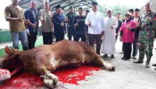 Bupati Asahan menyaksikan penyembelihan sapi bantuan Presiden Prabowo Subianto di Masjid Besar Al-Huda, Kecamatan Air Batu.