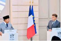 Presiden Republik Indonesia Prabowo Subianto melaksanakan pernyataan pers bersama Presiden Republik Prancis Emmanuel Macron dalam rangkaian kunjungan kenegaraan di Istana Élysée, pada Kamis, 28 Mei 2026.