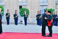 Presiden Republik Indonesia Prabowo Subianto menghadiri jamuan santap malam kenegaraan yang diselenggarakan oleh Presiden Republik Prancis Emmanuel Macron di Salle des Fêtes, Istana Élysée, Paris, pada Kamis, 28 Mei 2026. 