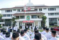 Suasana Upacara Peringatan Hari Lahir Pancasila Tahun 2026 yang digelar Pemerintah Kota Medan di halaman Balai Kota Medan, Senin, 1 Juni 2026.