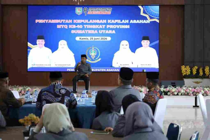 Wakil Bupati Asahan Rianto, S.H., M.A.P., menyambut kepulangan Kafilah Musabaqah Tilawatil Qur'an (MTQ) Kabupaten Asahan usai mengikuti MTQ ke-40 Tingkat Provinsi Sumatera Utara di Pendopo Rumah Dinas Bupati Asahan, Kamis (25/6/2026).
