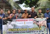 PT Socfindo Kebun Lae Butar menyalurkan 10 ekor kambing kepada pemuda Desa Lae Butar, Aceh Singkil, melalui program CSR untuk mendukung usaha peternakan.