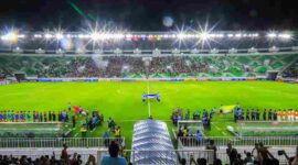 Suasana laga pembuka Grup A Piala AFF U-19 2026 antara Timnas Indonesia U-19 melawan Myanmar di Stadion Utama Sumatera Utara, kawasan Sport Center Desa Sena, Kecamatan Batang Kuis, Kabupaten Deli Serdang, Senin (1/6/2026) malam.