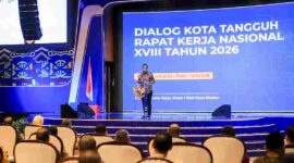 Wali Kota Pematangsiantar Wesly Silalahi menghadiri Dialog Kota Tangguh pada Rakernas APEKSI XVIII 2026 di Medan.