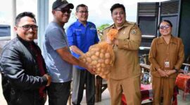 Bupati Samosir Vandiko T. Gultom saat menyerahkan bibit kentang secara simbolis.