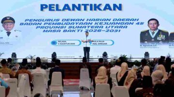 Gubernur Sumatera Utara (Sumut) Muhammad Bobby Afif Nasution menghadiri dan memeberi sambutan pada  Pelantikan Pengurus Dewan Harian Daerah (DHD) Badan Pembudayaan Kejuangan 45 Provinsi Sumut Masa Bakti 2026-2031 di Aula Raja Inal Siregar Kantor Gubernur Sumatera Utara Jalan Diponegoro Kota Medan, Selasa (4/8/2026).