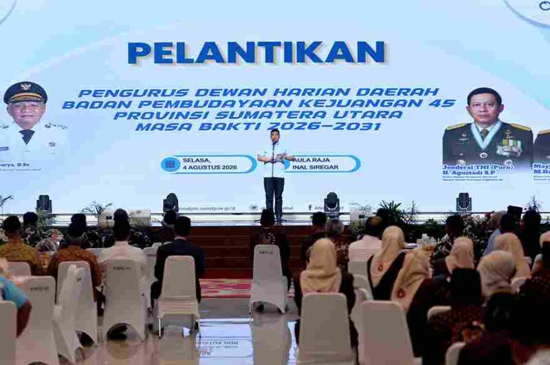 Gubernur Sumatera Utara (Sumut) Muhammad Bobby Afif Nasution menghadiri dan memeberi sambutan pada  Pelantikan Pengurus Dewan Harian Daerah (DHD) Badan Pembudayaan Kejuangan 45 Provinsi Sumut Masa Bakti 2026-2031 di Aula Raja Inal Siregar Kantor Gubernur Sumatera Utara Jalan Diponegoro Kota Medan, Selasa (4/8/2026).