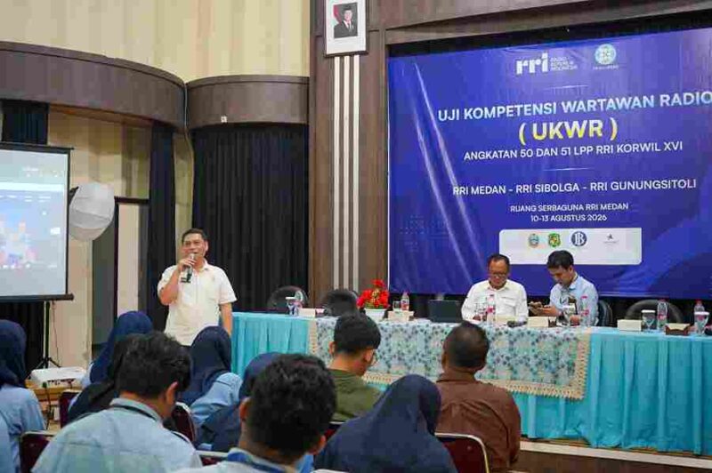 Uji Kompetensi Wartawan Radio (UKWR) Angkatan 50 dan 51 Lembaga Penyiaran Publik Radio Republik Indonesia (LPP RRI) Korwil XVI yang mencakup RRI Medan, Sibolga, dan Gunungsitoli di Ruang Serbaguna RRI Medan, Rabu (12/8/2026).