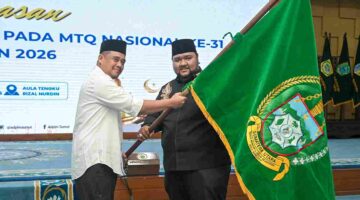 Gubernur Sumut, Bobby Nasution melepas keberangkatan Kafilah Sumut pada MTQ Nasional Ke-31 di Kota Semarang di Aula Tengku Rizal Nurdin, Rumah Dinas Gubernur Sumut, Jalan Sudirman No. 41, Medan, Selasa malam (8/9/2026).