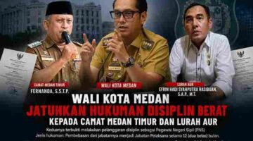 Keterangan Foto : Camat Medan Timur (Kiri), Wali Kota Medan (Tengah), Lurah Aur (Kanan), disusun dalam bentuk gambar ilustrasli AI.
