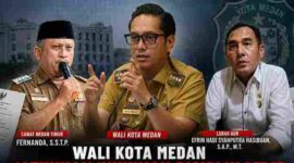 Keterangan Foto : Camat Medan Timur (Kiri), Wali Kota Medan (Tengah), Lurah Aur (Kanan), disusun dalam bentuk gambar ilustrasli AI.