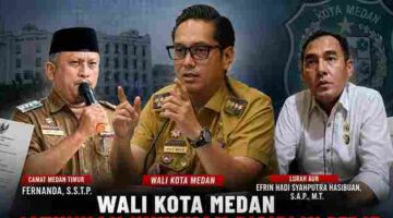 Keterangan Foto : Camat Medan Timur (Kiri), Wali Kota Medan (Tengah), Lurah Aur (Kanan), disusun dalam bentuk gambar ilustrasli AI.