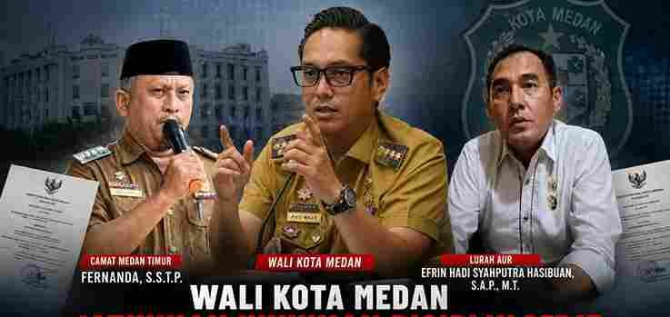 Keterangan Foto : Camat Medan Timur (Kiri), Wali Kota Medan (Tengah), Lurah Aur (Kanan), disusun dalam bentuk gambar ilustrasli AI.