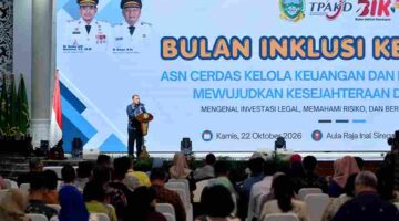 Pj. Sekretaris Daerah Provinsi Sumatera Utara (Sumut) Timur Tumanggor menghadiri dan memberi sambutan pada Bulan Inklusi Keuangan (BIK) 2026 di Aula Raja Inal Siregar Kantor Gubernur Sumut Jalan Diponegoro Kota Medan, Kamis (22/10/2026). 