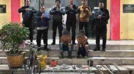 Tim Macan Polres Pelabuhan Belawan mengamankan dua pria yang diduga mencuri kabel fiber optik di Jalan Pancing I, Medan Labuhan.